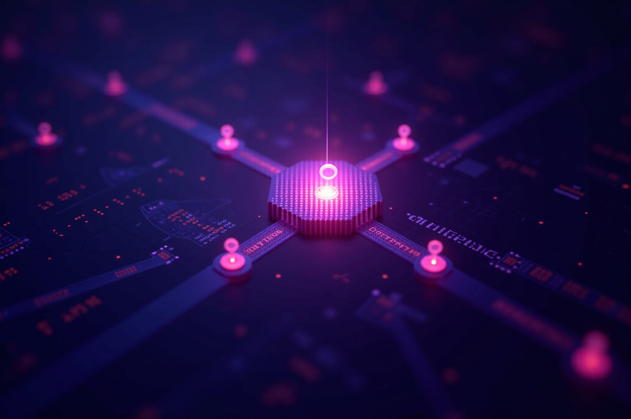 Cinematic close-up view of abstract API architecture visualization. Central glowing node representing Sandis API hub, with multiple data streams connecting to surrounding endpoints
