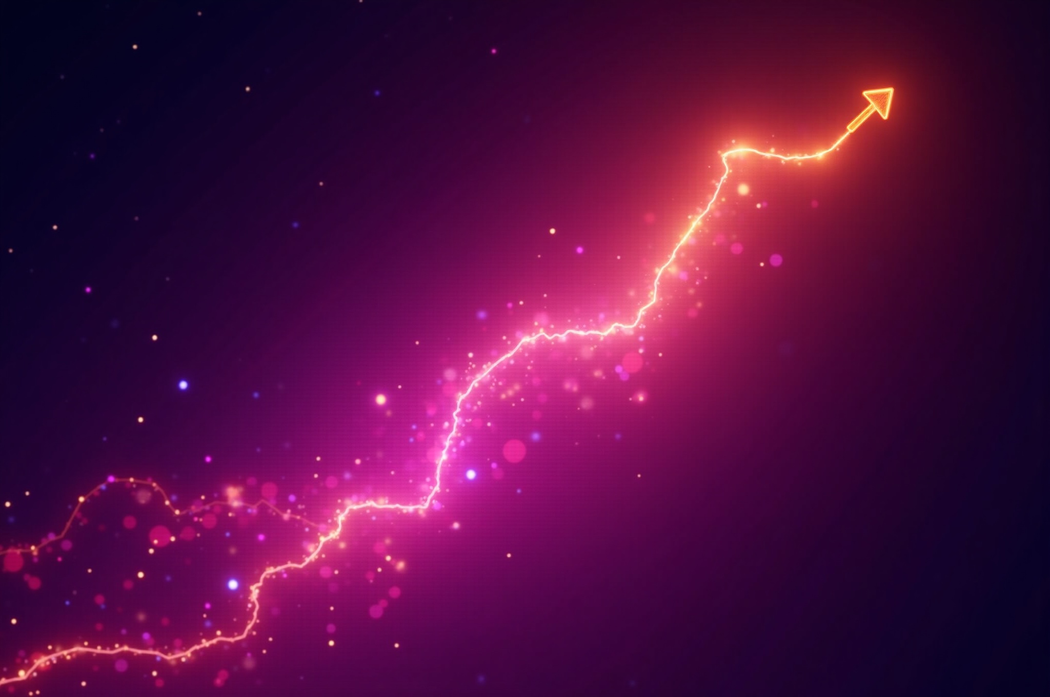Cinematic view of ascending luminous pathways forming a dynamic career growth structure in space. Human silhouettes at different levels connected by flowing purple-magenta-orange gradient light streams representing career progression and collaboration