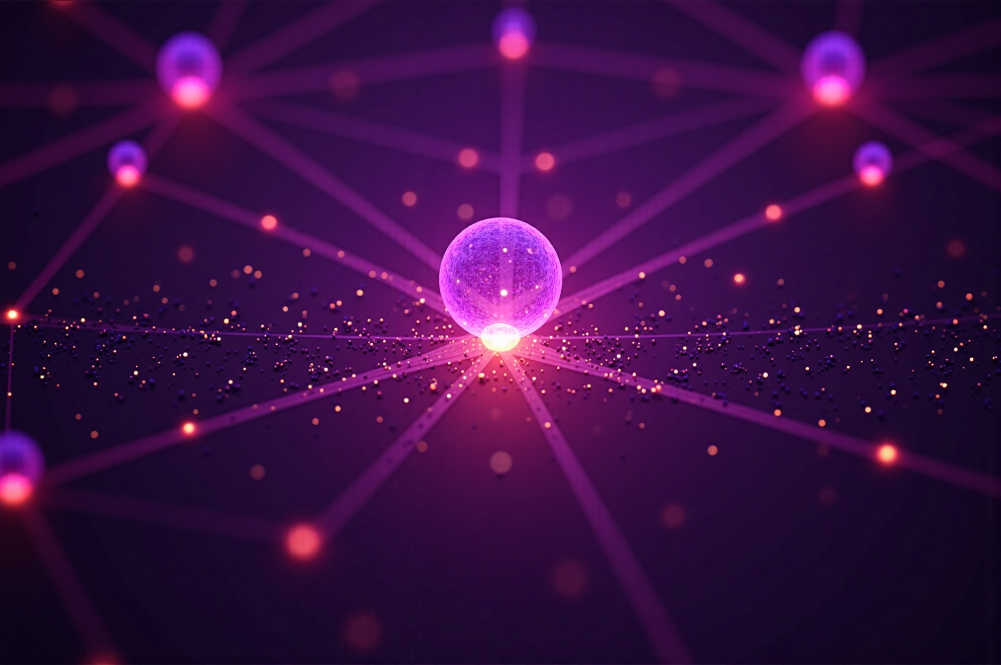 multi-layered insurance network architecture. Central illuminated hub nodes representing MGAs, connected by flowing purple-magenta-orange gradient light streams to surrounding layers
