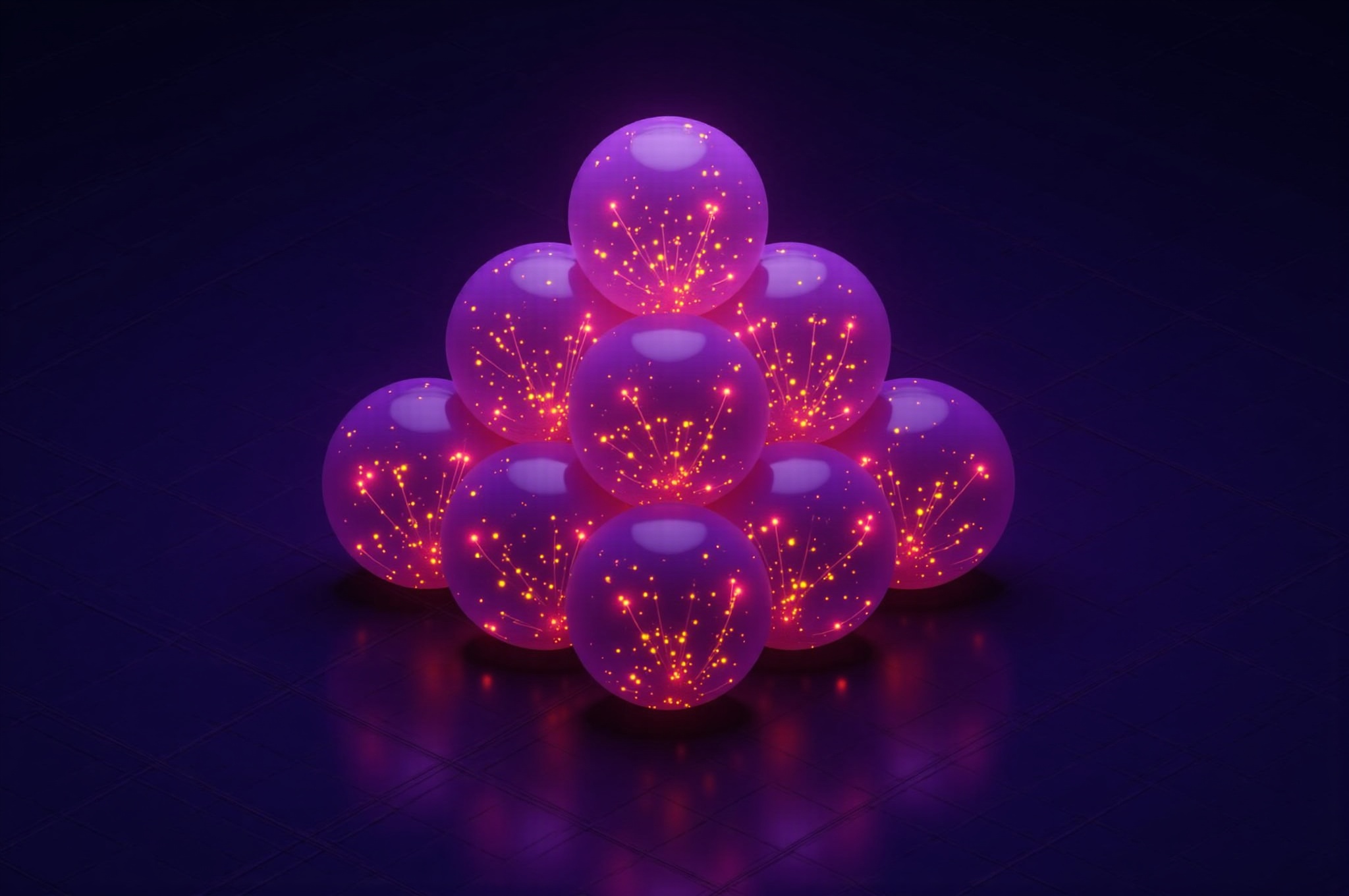 Isometric 3D network pyramid: glowing spherical nodes in 4-tier hierarchy from apex to wide base.