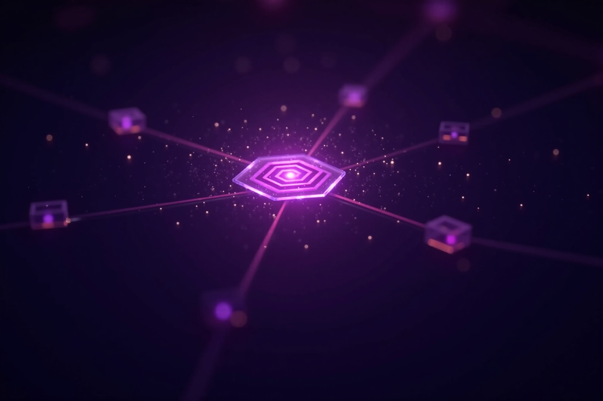 Cinematic close-up of interconnected geometric nodes forming a partnership network. Central hexagonal hub with pulsing purple-magenta core, surrounded by floating crystalline partner nodes connected by luminous data streams.