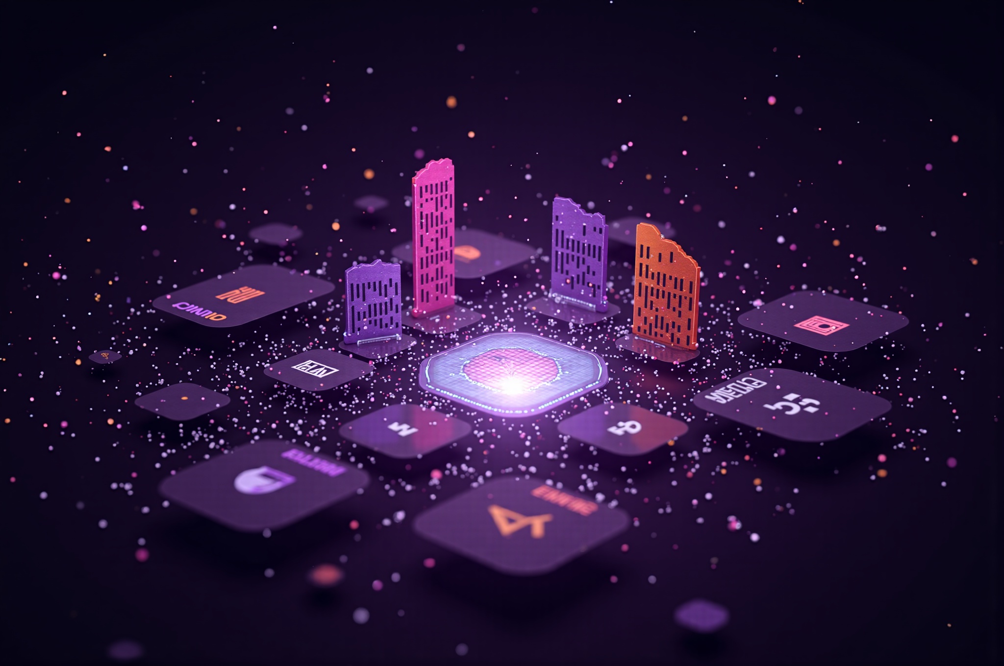 holographic insurance platform interface floating in dark space.
The interface morphs and transforms through multiple brand identities 